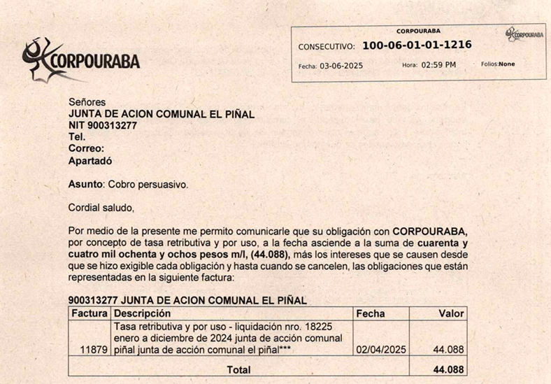 Cobro persuasivo JUNTA ACCIÓN COMUNAL EL PIÑAL, Radicado 1216 del 03/06/2025
