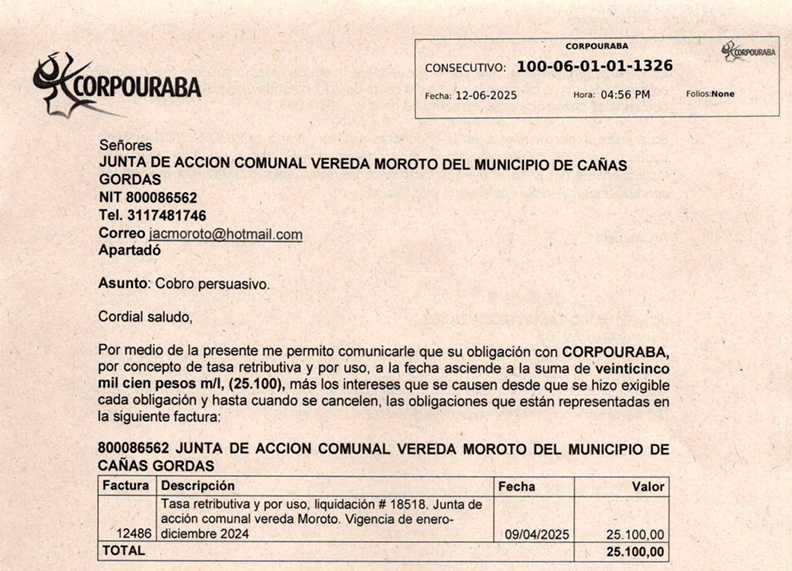 Cobro persuasivo-JUNTA ACCIÓN COMUNAL VEREDA MOROTO DEL MUNICIPIO DE CAÑAS GORDAS, Radicado 1326 del 12/06/2025