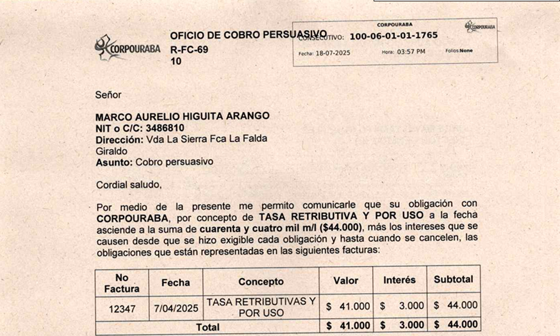 Cobro persuasivo- MARCO AURELIO HIGUITA ARANGO, Radicado 1765 del 18/07/2025