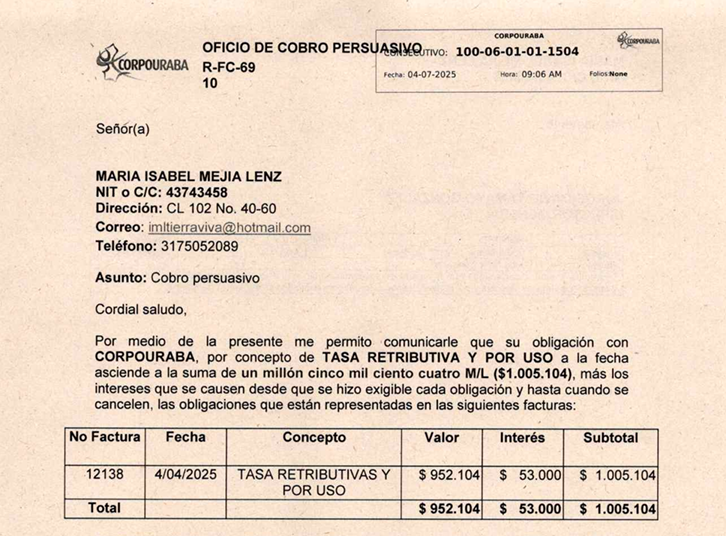 Cobro persuasivo-Maria Isabel Mejia Lenz, Radicado 1504 del 04/07/2025