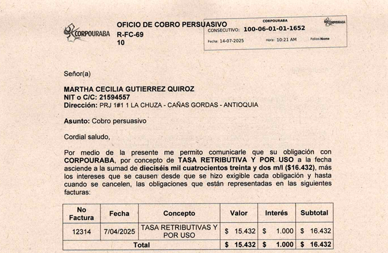Cobro persuasivo- MARTHA CECILIA GUTIERREZ QUIROZ, Radicado 1652 del 14/07/2025