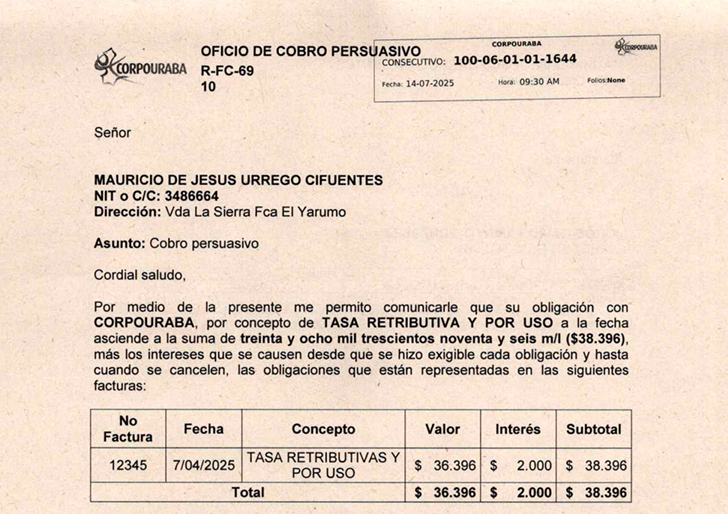 Cobro persuasivo-MAURICIO DE JESUS URREGO CIFUENTES, Rad 1644 del 14/07/2025