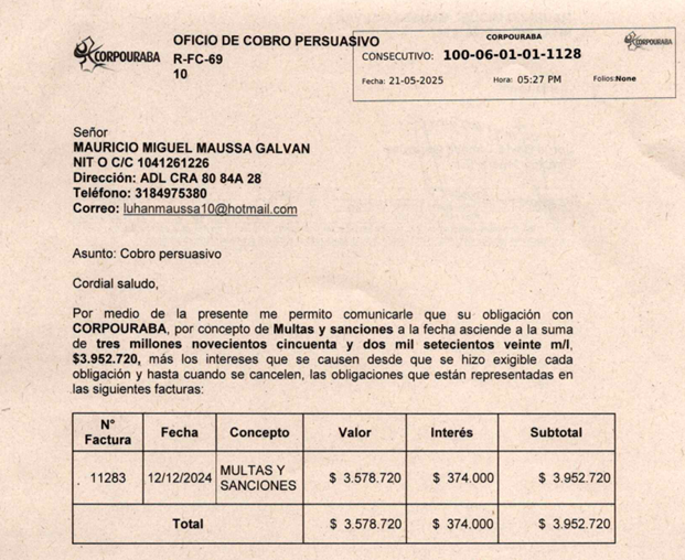 Cobro persuasivo-MAURICIO MIGUEL MAUSA GALVAN, Radicado 1128 del 21/05/2025