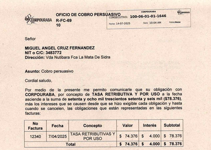 Cobro persuasivo- MIGUEL ANGEL CRUZ FERNANDEZ, Radicado 1646 del 14/07/2025