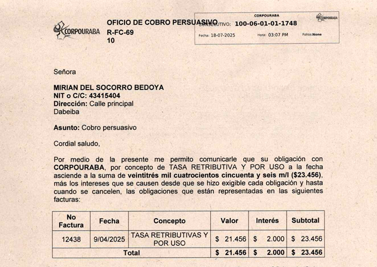 Cobro persuasivo - Mirian del Socorro Bedoya, Radicado 1748 del 18/07/2025