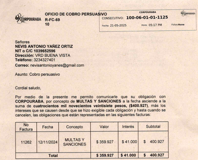 Cobro persuasivo - NEVIS ANTONIO YANEZ ORTIZ, Radicado 1125 del 21/05/2025