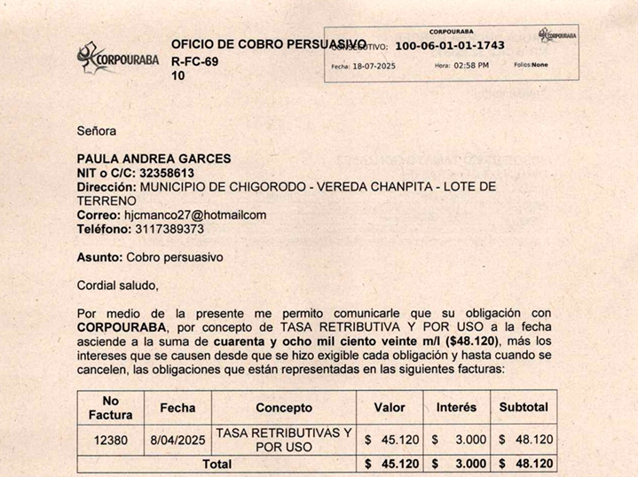 Cobro persuasivo - Paula Andrea Garces, Rad 1743 del 18/07/2025