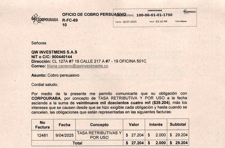 Cobro persuasivo - QW INVESTMENS S.A.S, Rad 1750 del 18/07/2025