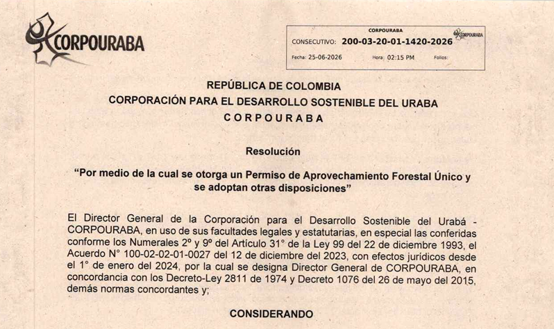 Resolución 1420-2026, por medio de la cual se otorga permiso de aprovechamiento forestal único