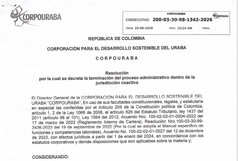 Resolución 1342-2026, por la cual se decreta la terminación del proceso administrativo dentro de la jurisdicción coactiva.
