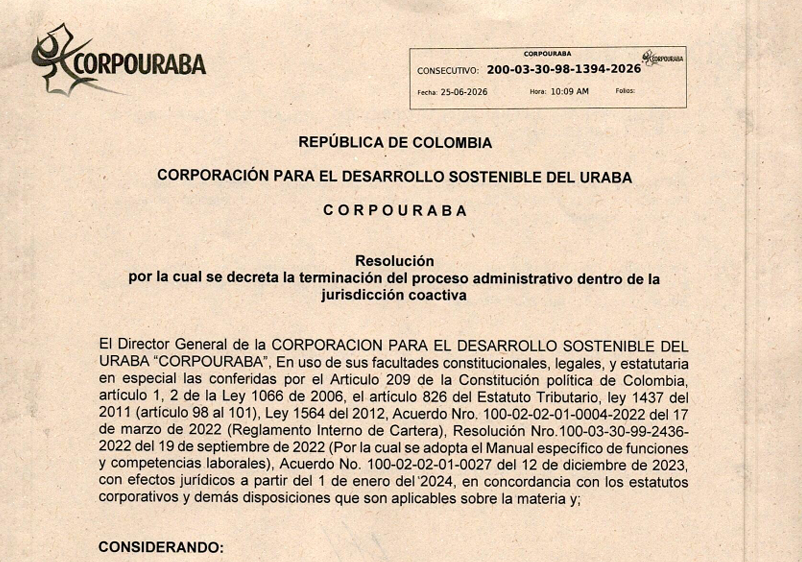 Resolución 1394-2026, por la cual se decreta la terminación del proceso administrativo, dentro de la jurisdicción coactiva.