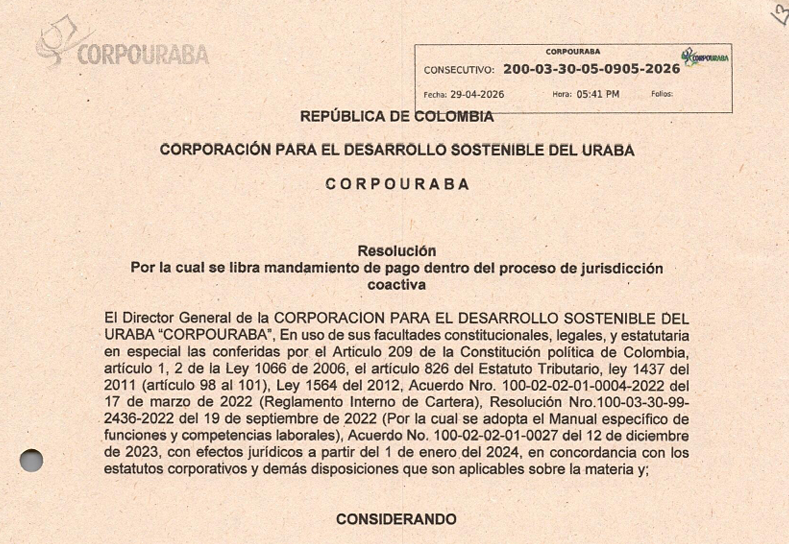Resolución 0905-2026, por la cual se libra mandamiento de pago dentro del proceso de jurisdicción coactiva