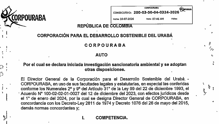 AUTO 0324-2026, POR EL CUAL SE DECLARA INICIADA INVESTIGACIÓN SANCIONATORIA AMBIENTAL