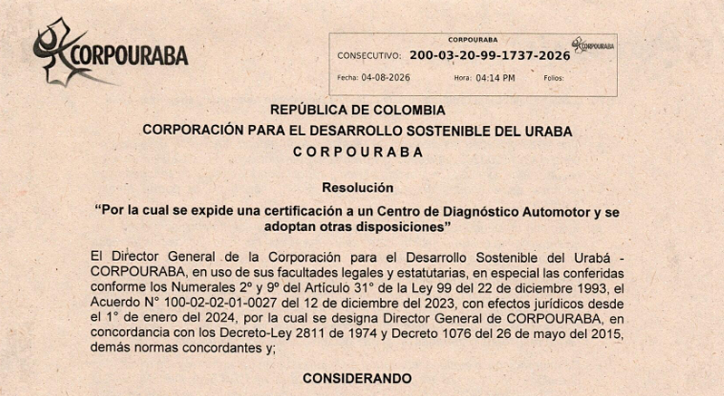Resolución 1737-2026, por la cual se expide una certificación a un centro de diagnostico automotor