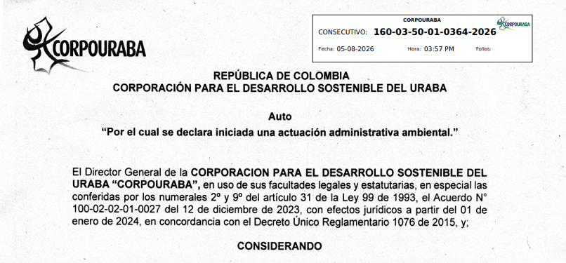 AUTO0364-2026, POR EL CUAL SE DECLARA INICIADA UNA ACTUACIÓN ADMINISTRATIVA AMBIENTAL
