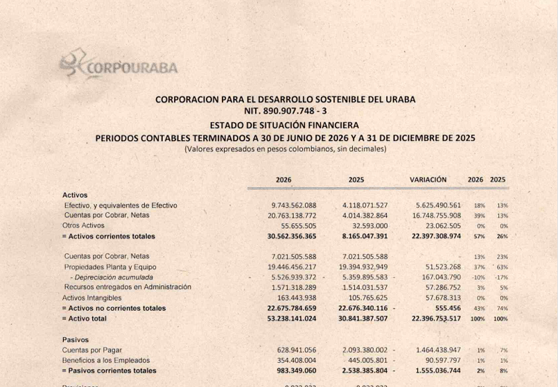 ESTADO DE SITUACIÓN FINANCIERA DE CORPOURABA - A 30 DE JUNIO DE 2026