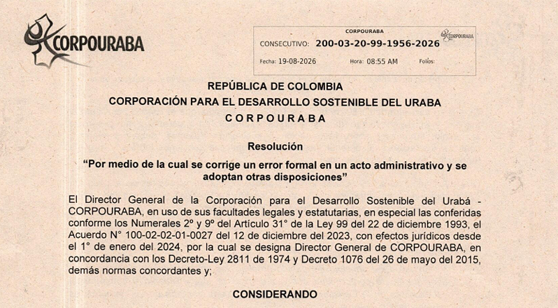 RESOLUCIÓN 1956-2026, POR MEDIO DE LA CUAL SE CORRIGE UN ERROR FORMAL EN UN ACTO ADMINISTRATIVO