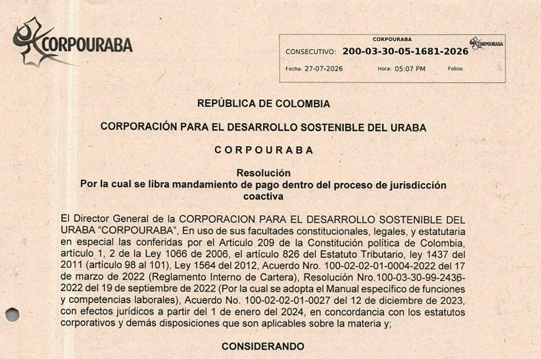 Resolución 1681-2026,por la cual se libra mandamiento de pago dentro del proceso de jurisdicción coactiva.