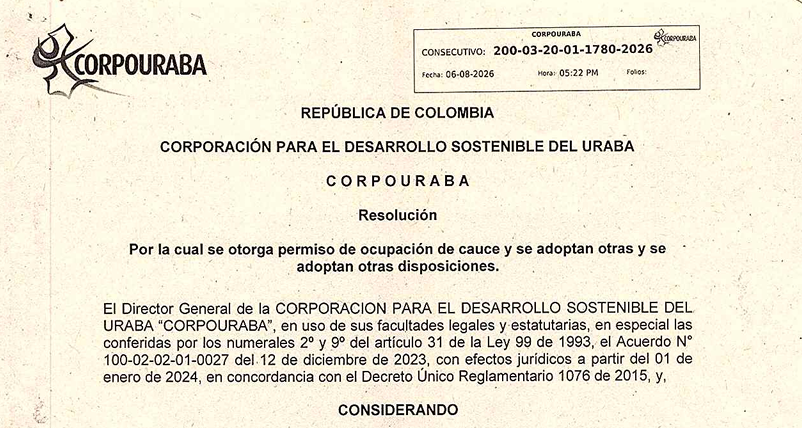 Resolución 1780-2026, por la cual se otorga permiso de ocupación de cauce y se adoptan otras disposiciones