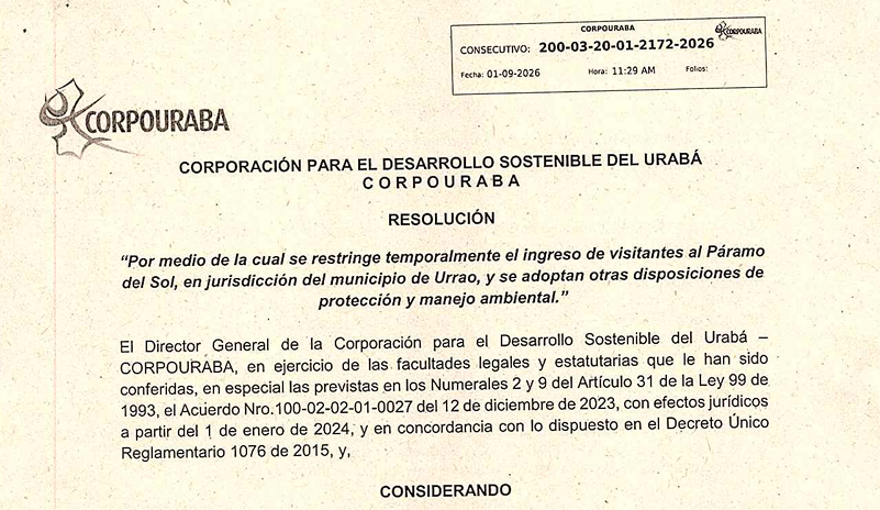RESOLUCIÓN 2172-2026, POR MEDIO DE LA CUAL SE RESTRINGE TEMPORALMENTE EL INGRESO DE VISITANTES AL PARAMO DEL SOL