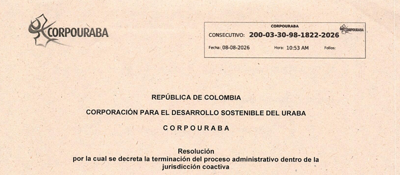 Resolución 1822-2026, por la cual se decreta la terminación del proceso administrativo dentro de la jurisdicción coactiva