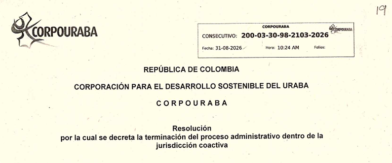 Resolución 2103/2026, por la cual se decreta la terminación del proceso administrativo dentro de la jurisdicción coactiva.
